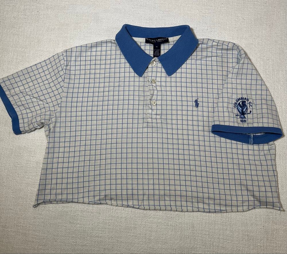 Vintage Polo Ralph Lauren Golf Grid Polo Shirt Cropped Blue White Medium Custom